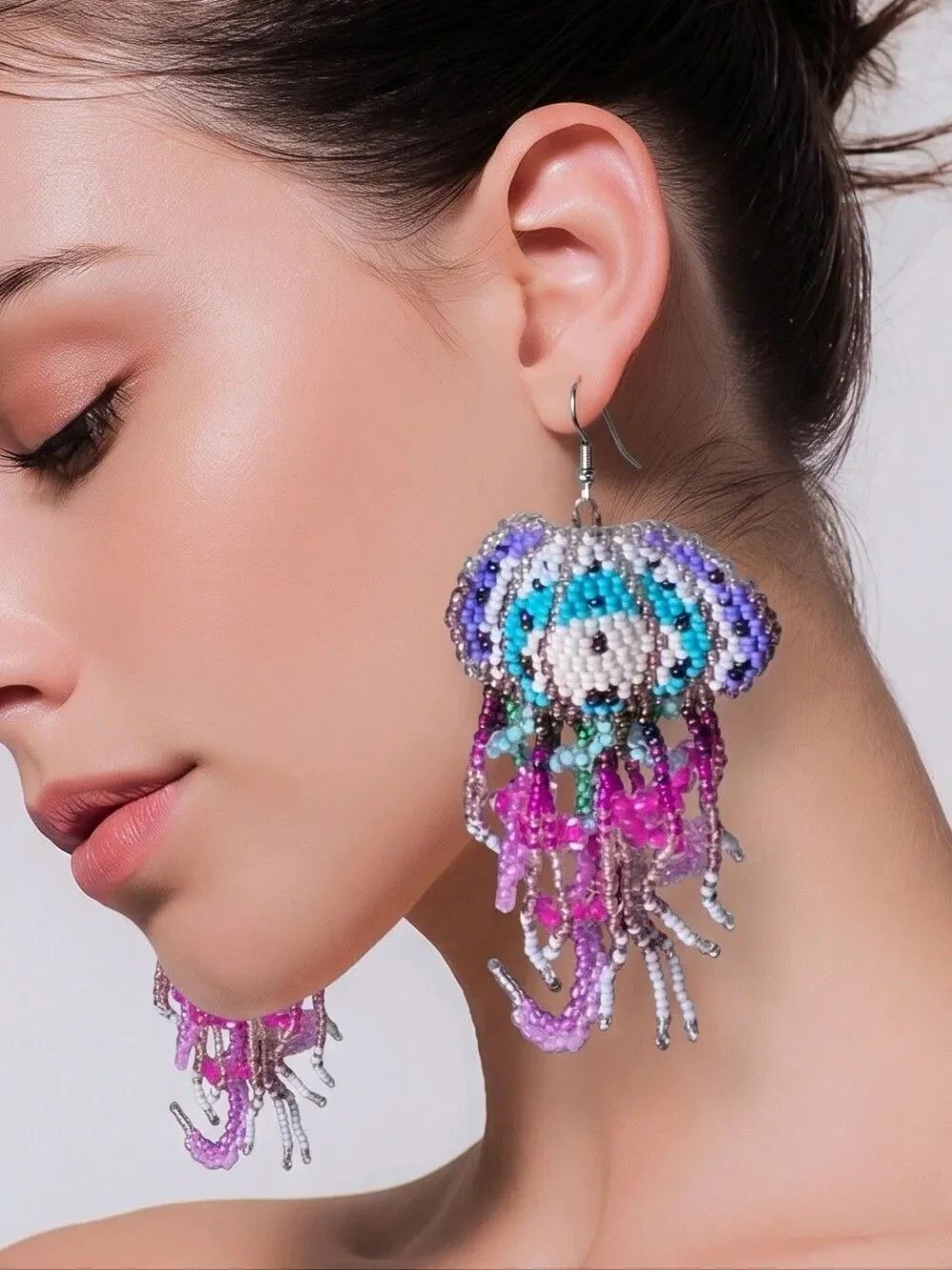 Oversized Beaded Jellyfish Fringe Earrings Oceancore Nautical Statement Jewelry